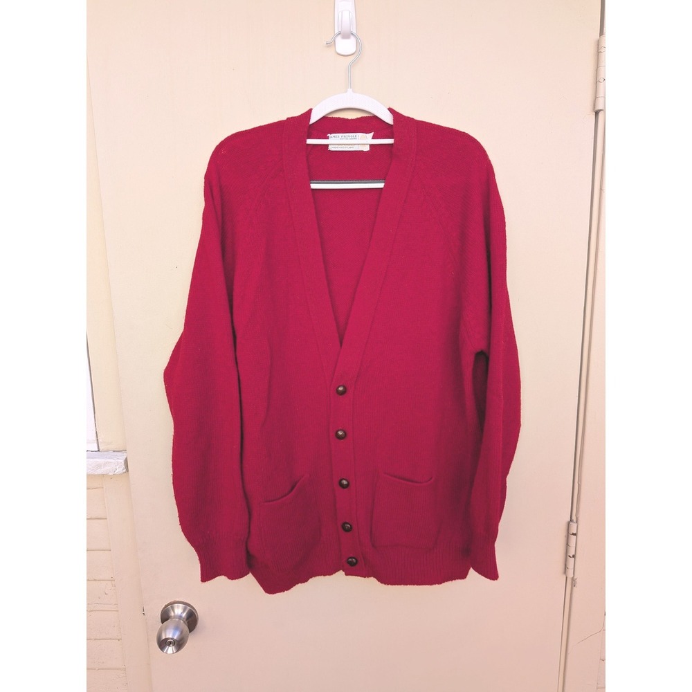 James Pringle Vintage Red Pure New Wool Cardigan Sweater Made in Scotland Large